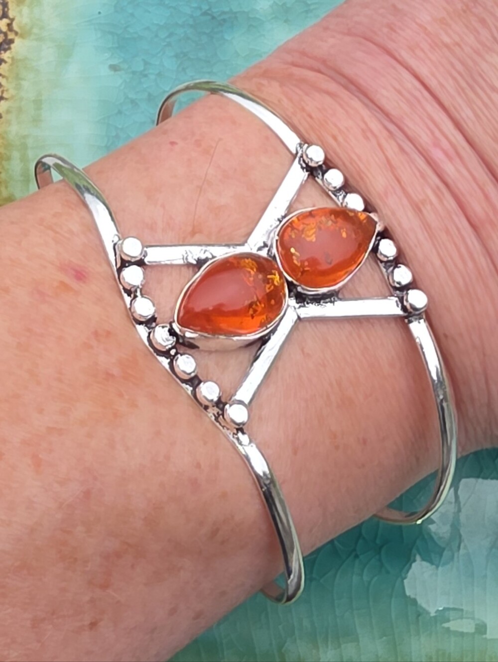 Baltic Amber Cuff Bracelet In 925 Sterling Silver (Adjustable)